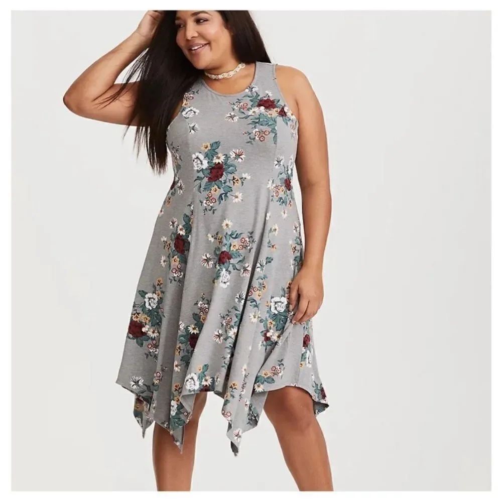 Torrid Gray Floral Print Trapeze Dress Summer Spring Vacation Resort Wear Boho